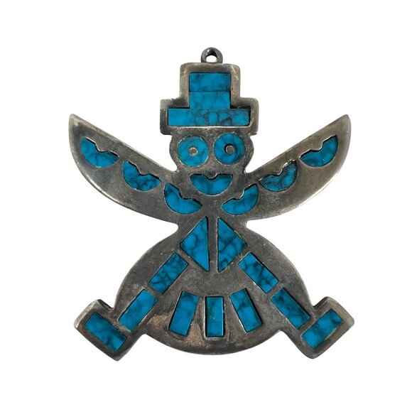 VTG Roma Knifewing Dancer Kachina Zuni Faux Turquoise Inlay Pendant Silver Plate - Picture 1 of 6